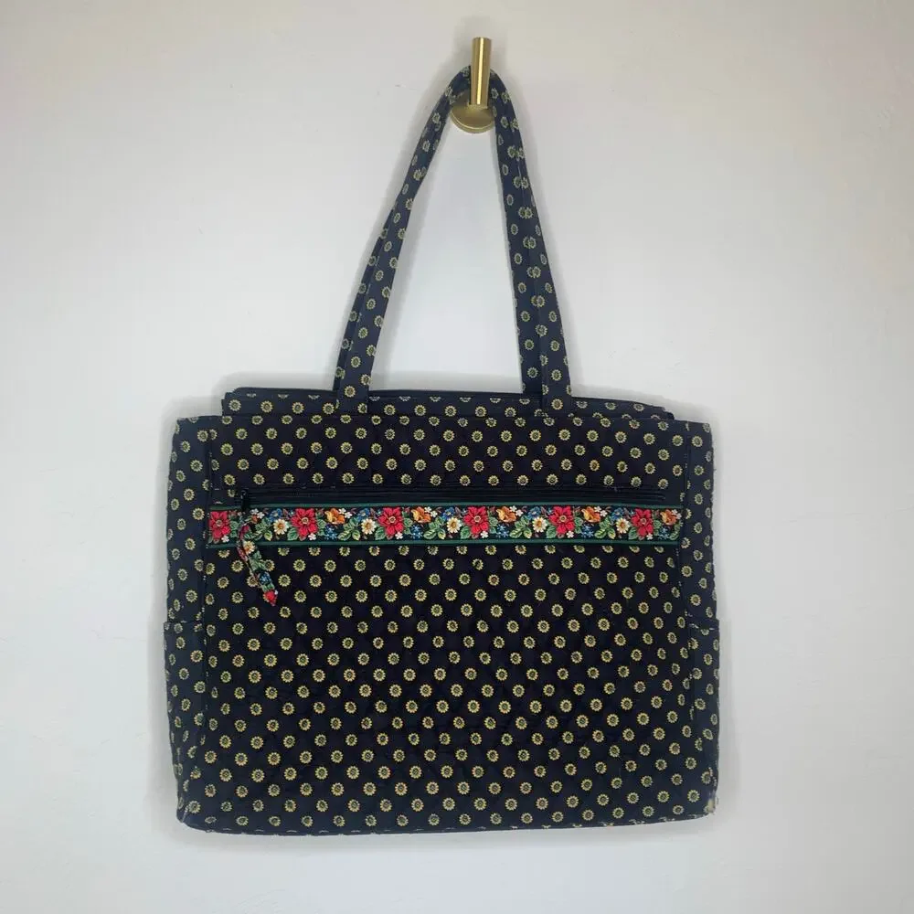 Vera Bradley Vibrant Black Purse Laptop Bag Vintage Rare Double Handle Zipper